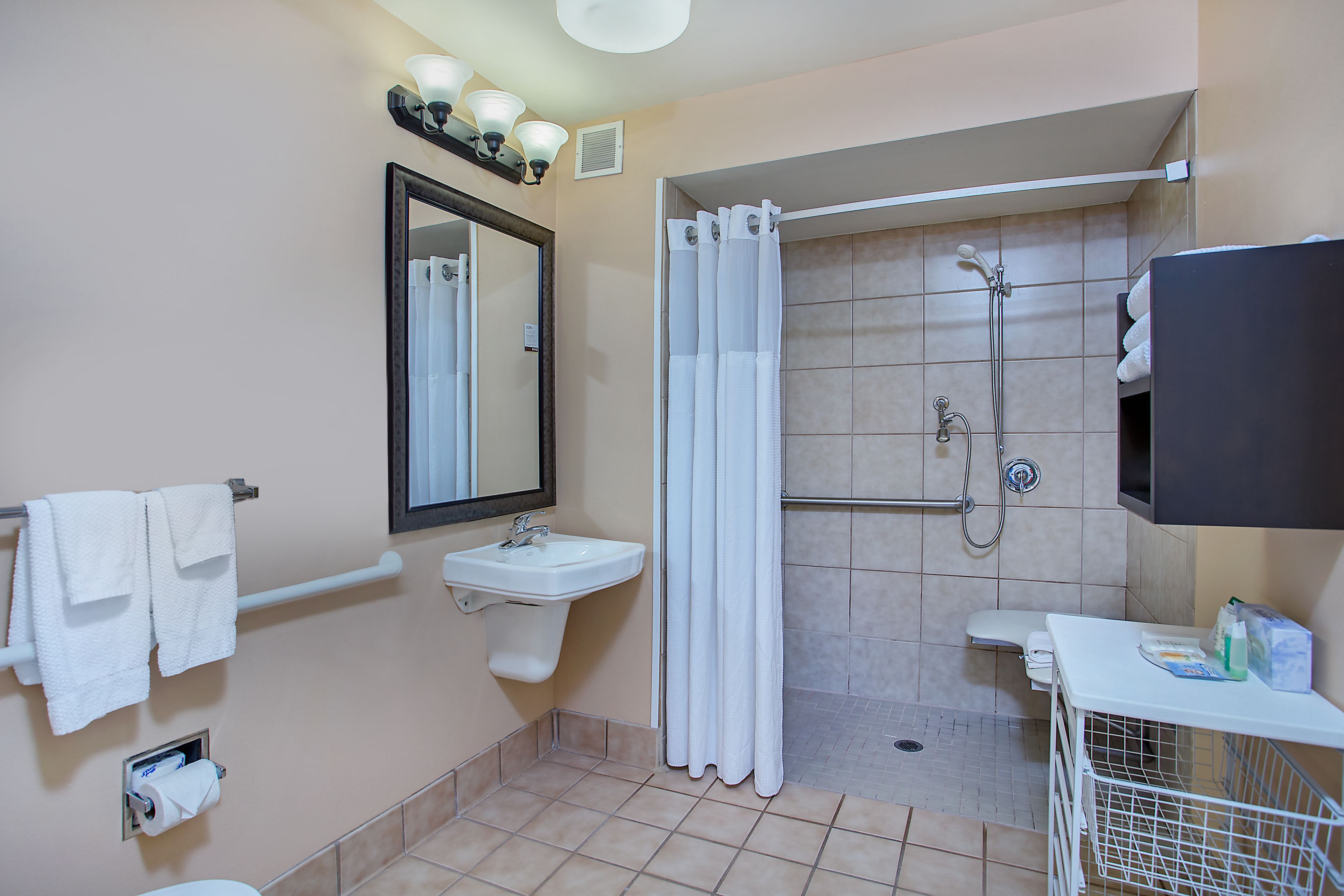 studio suite, 1 queen bed, accessible, kitchen (accessible tub) | bathroom | combined shower/bathtub, free toiletries, hair dryer, towels