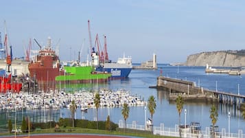A harbor with boats, a large ship, and a cityscape in the background.