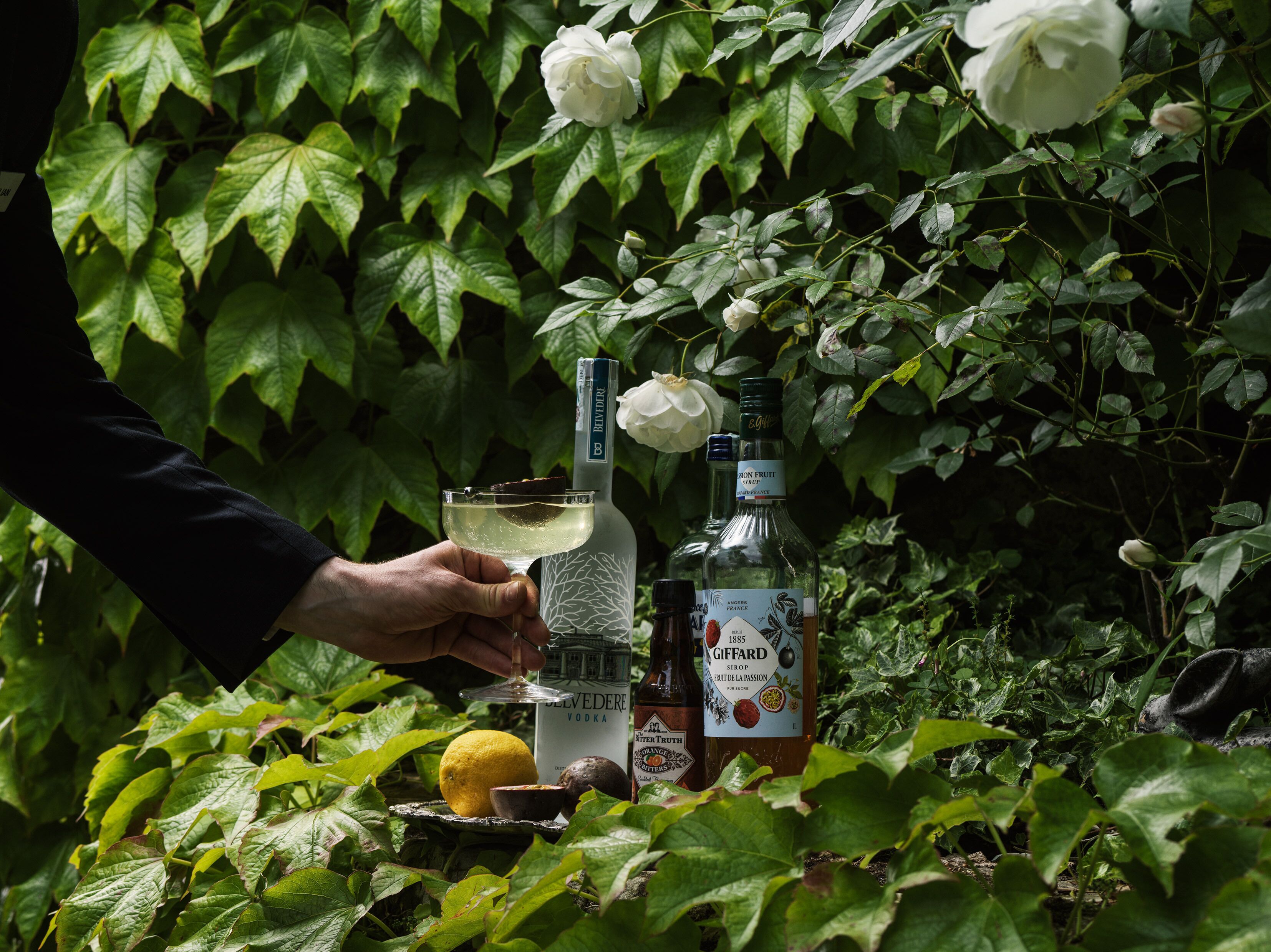 A person holding a glass of white wine, surrounded by bottles of Giffard and Bienthoritz vodka, a lemon, and a plate with a slice of cake.