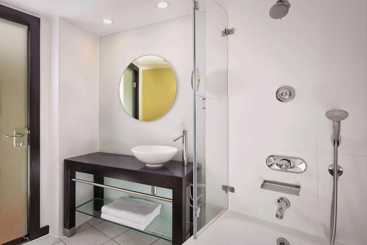 shower, designer toiletries, hair dryer, towels