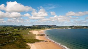 A coastal landscape with a sandy beach, a winding road, and scattered houses.