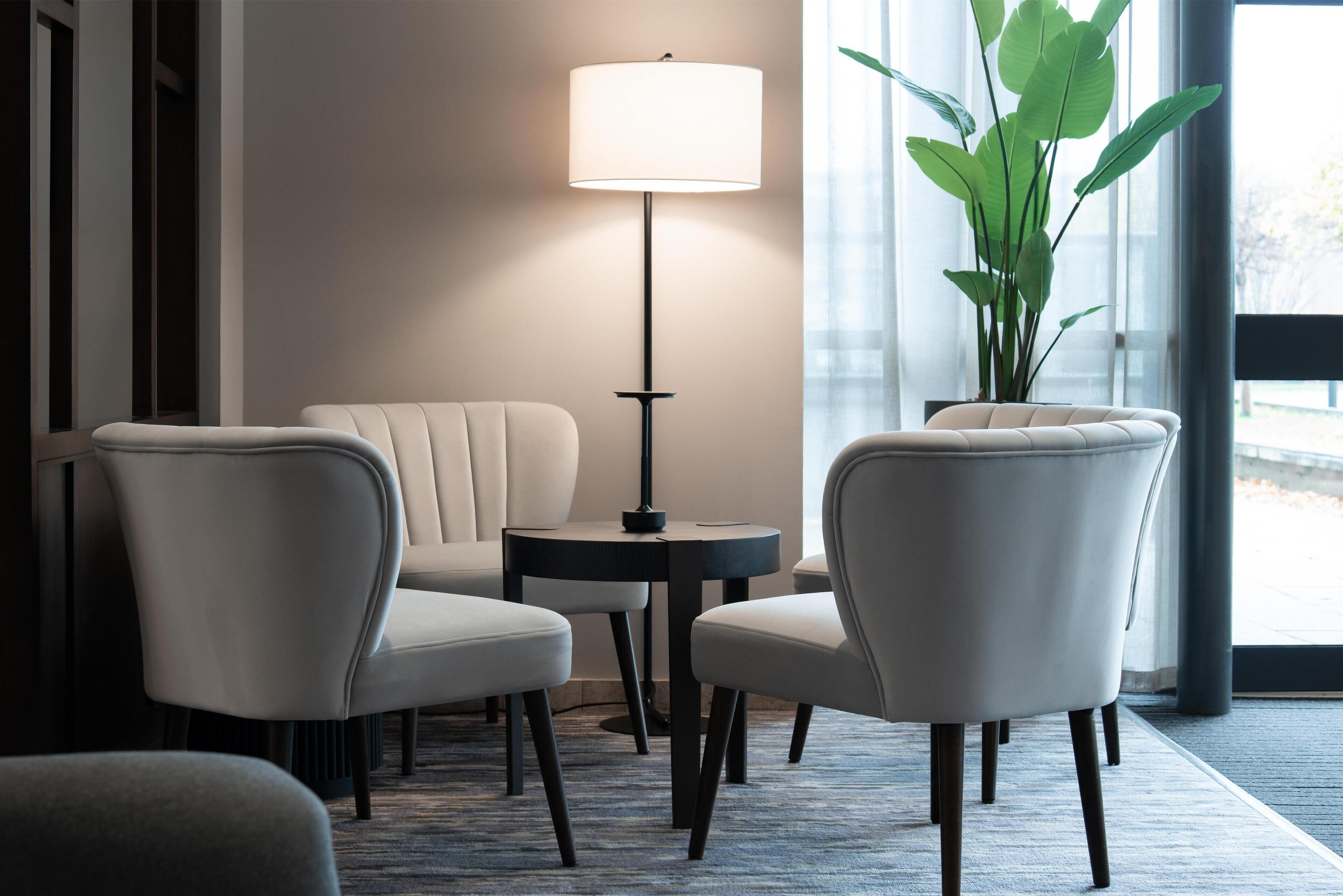 A modern interior with a round table, two chairs, a floor lamp, and a large plant.
