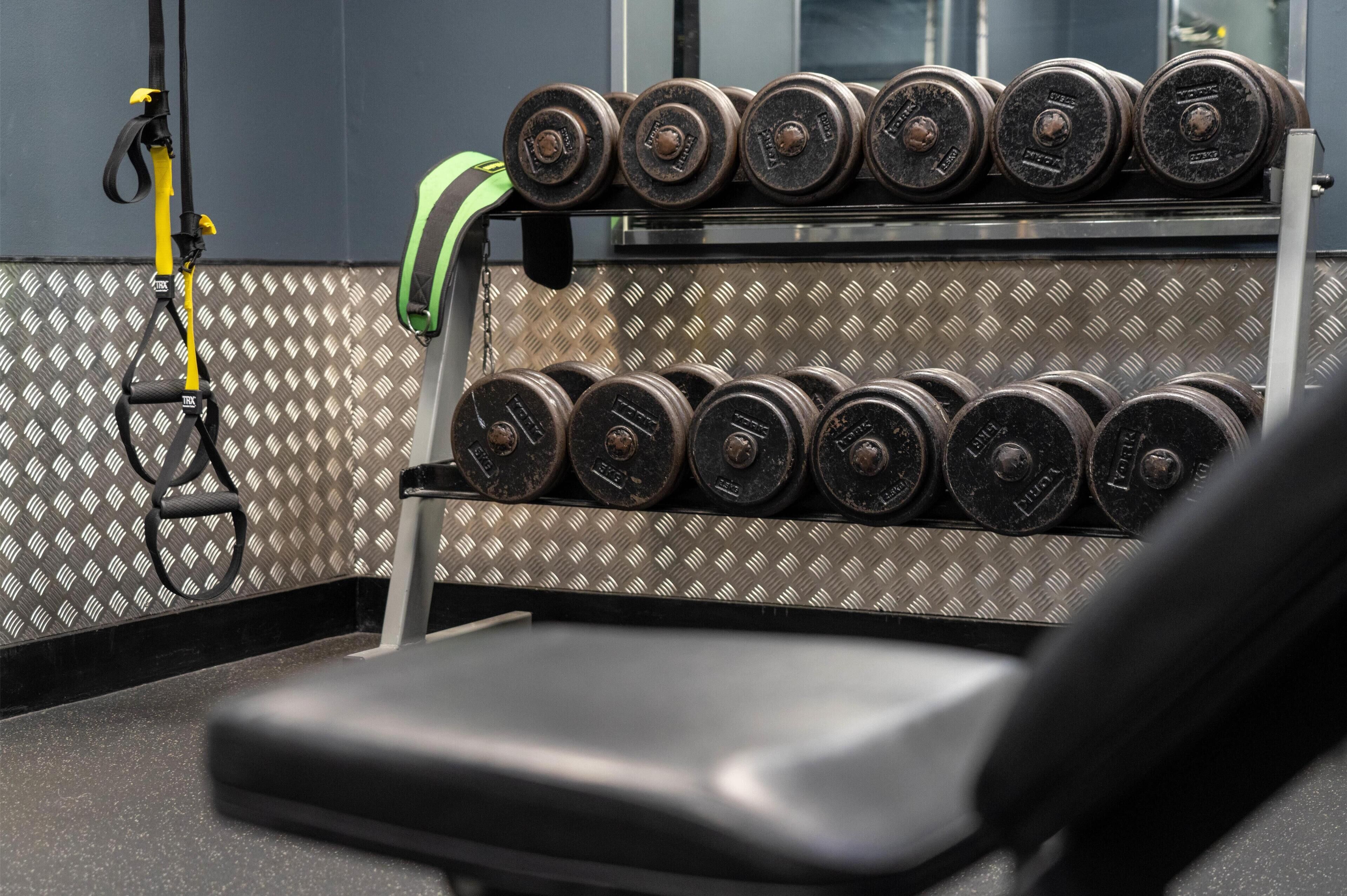 A gym with a bench and a rack of dumbbells.