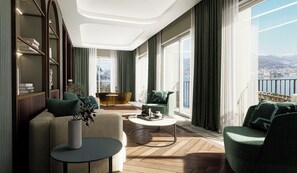 Senior Suite, vista lago | Área de sala de estar | Televisión LCD 