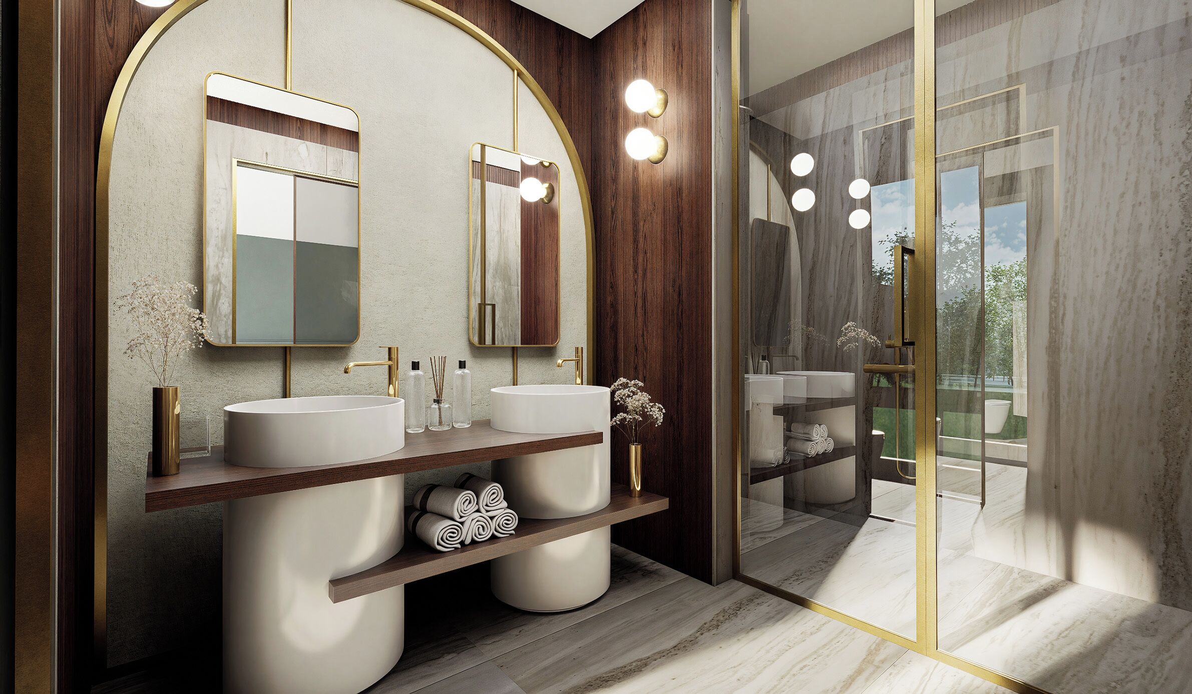 Ein modernes Badezimmer mit zwei Waschbecken, einem großen Spiegel und einer Duschkabine aus Glas.