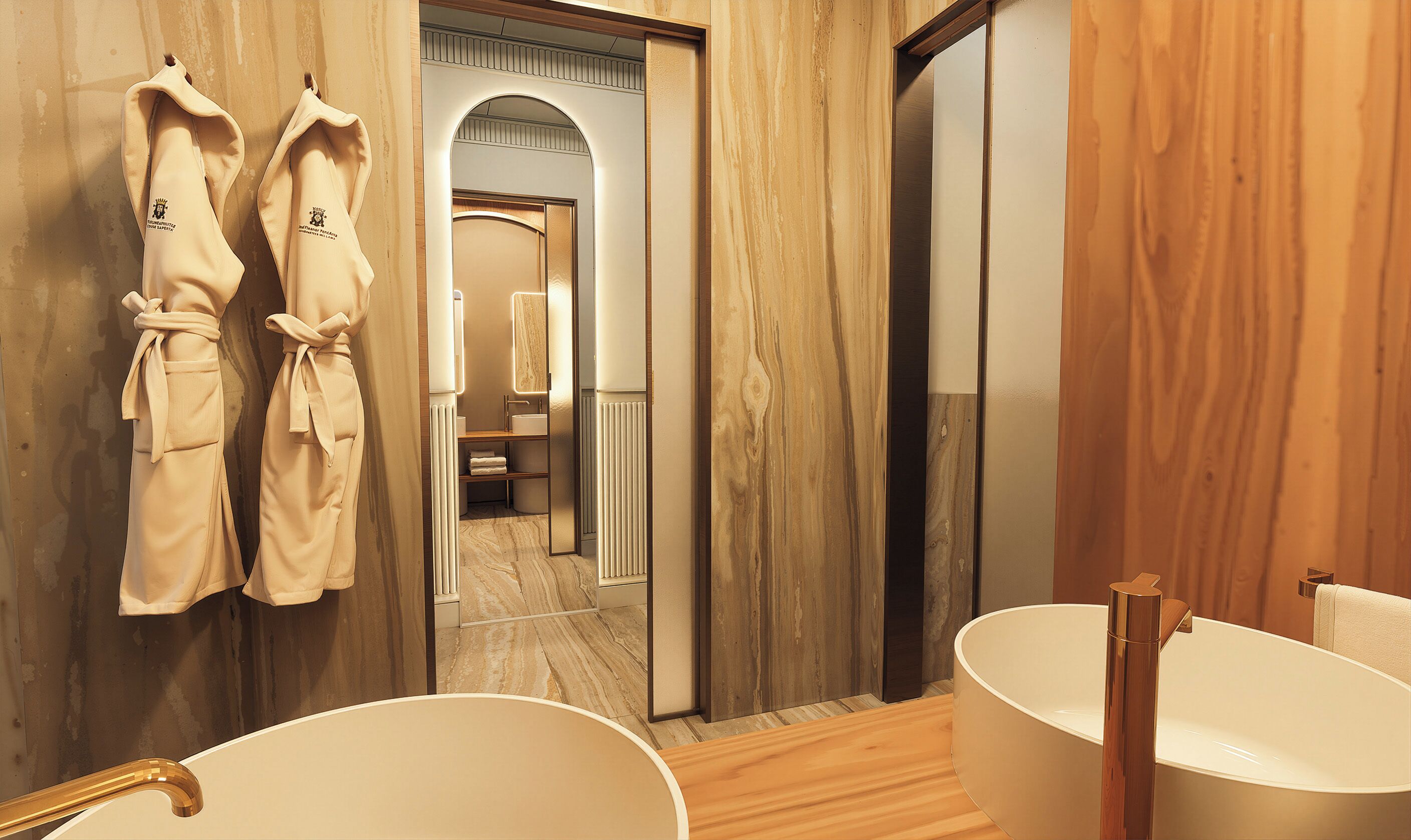 Een moderne badkamer met een groot bad, een aparte douche en een badjas hangend aan de muur.