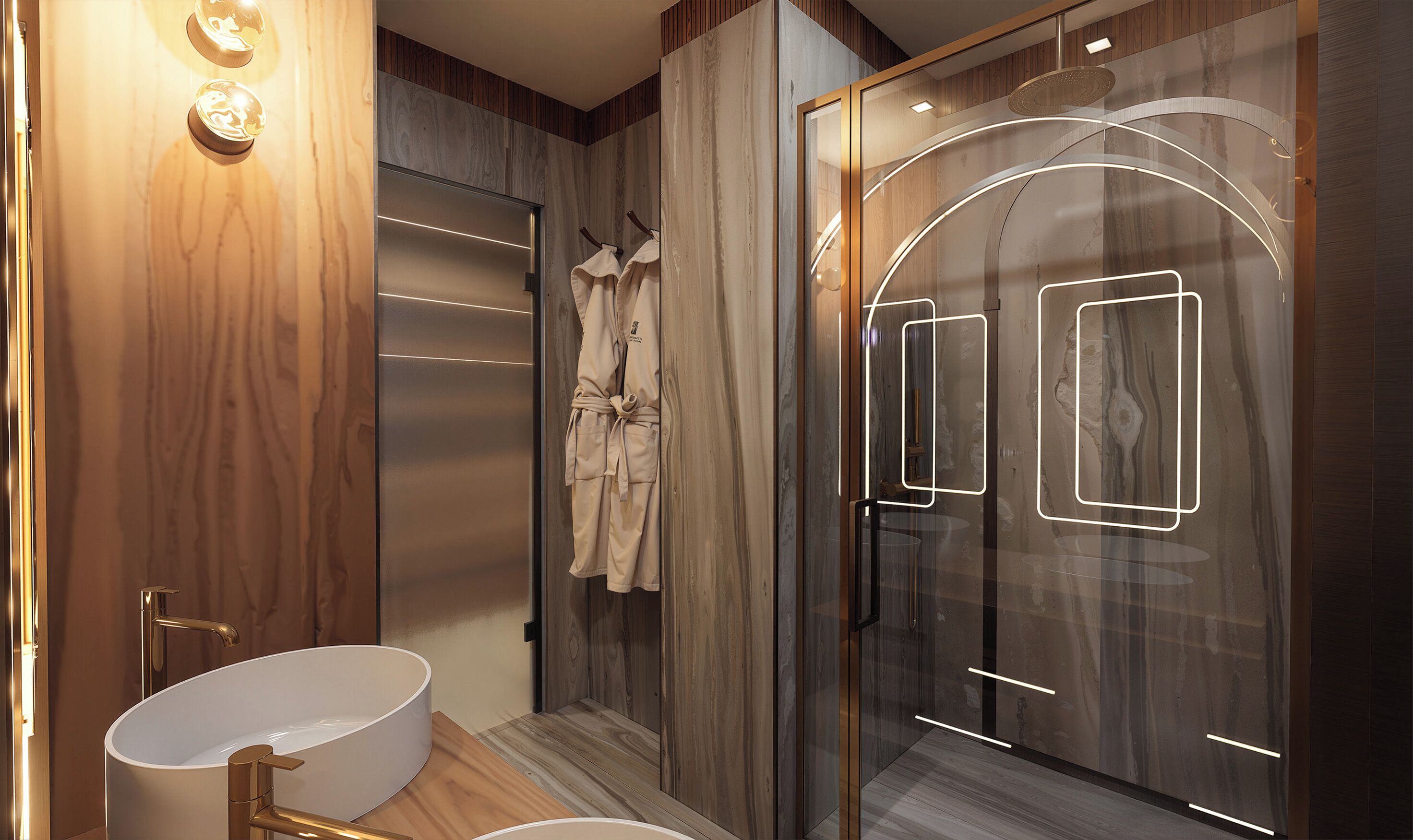 Ein modernes Badezimmer mit freistehender Badewanne, einer Duschkabine aus Glas und einem Holzbadezimmer-Möbel.