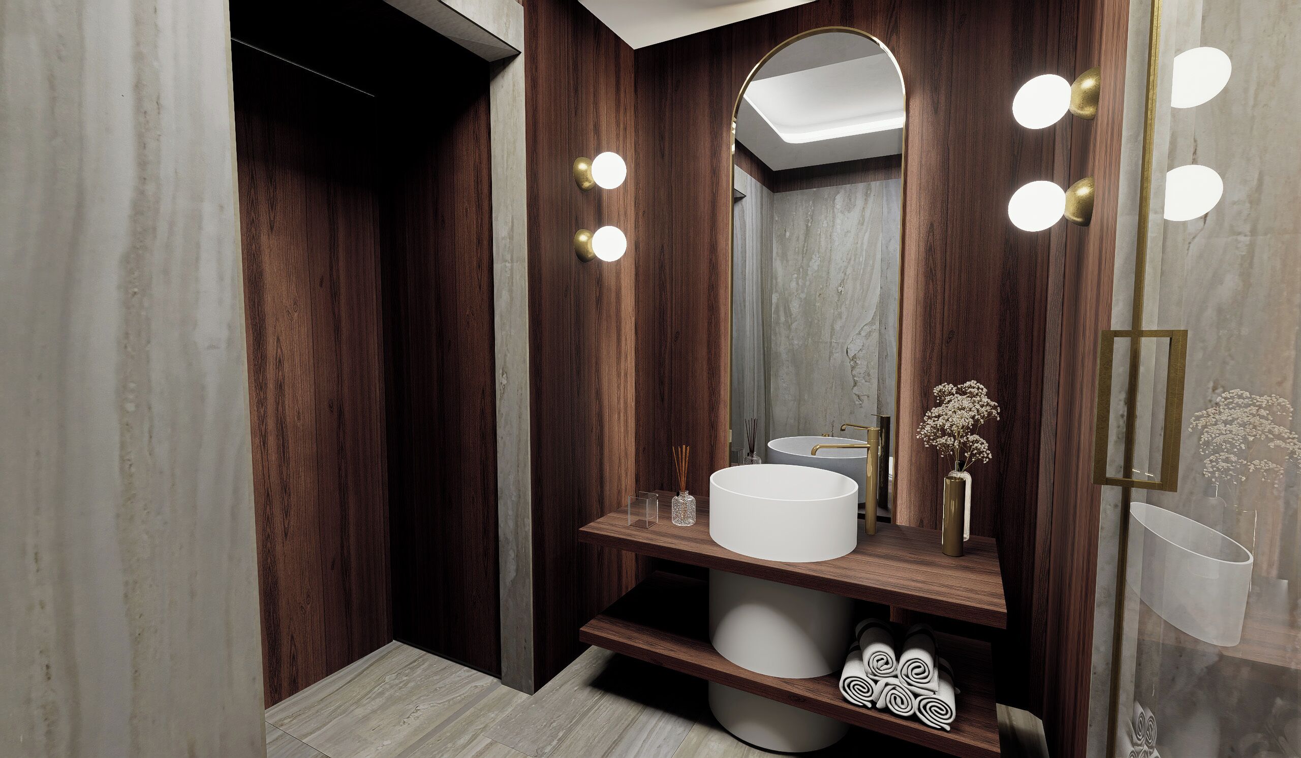 Un baño moderno con tocador de madera, un espejo grande con iluminación y un lavamanos blanco.