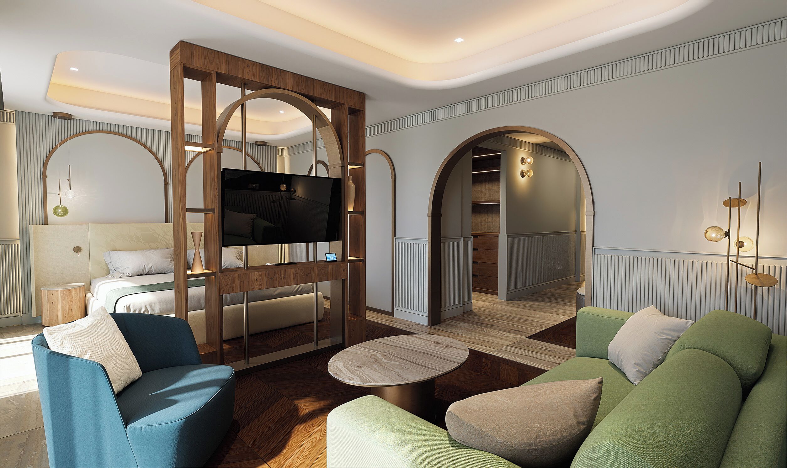 Une chambre d’hôtel moderne équipée d’une télévision, d’un coin salon et donnant sur le couloir.