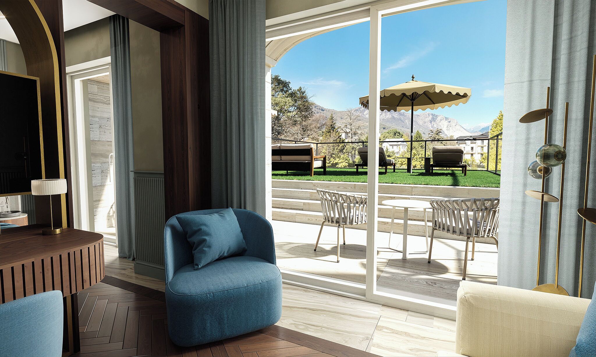 Junior Suite, vista laterale sul lago e sulla piscina, con terrazza | Coffres-forts dans les chambres, ameublement personnalisé, Wi-Fi gratuit