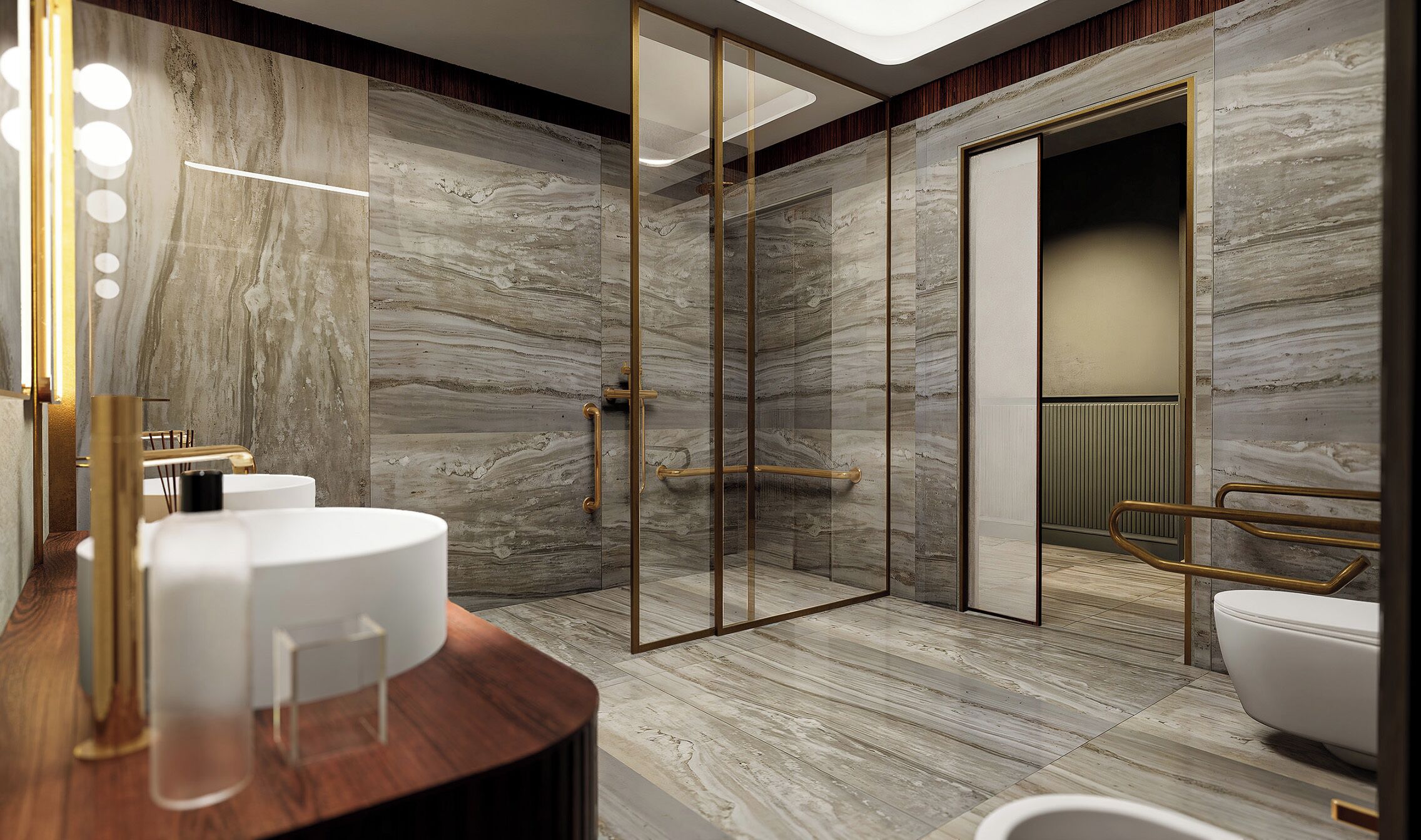 A modern bathroom with marble walls, a glass shower enclosure, and a wooden vanity with a white sink.