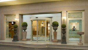 Entrada de hotel con puerta giratoria, plantas en macetas y un área de recepción visible a través de los cristales.