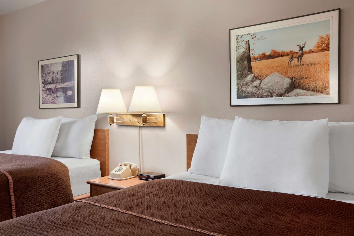 A hotel room with two beds, a nightstand with a lamp, a telephone, and framed pictures on the wall.