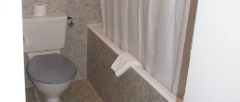 A bathroom with a toilet, a shower curtain, and a bathtub.