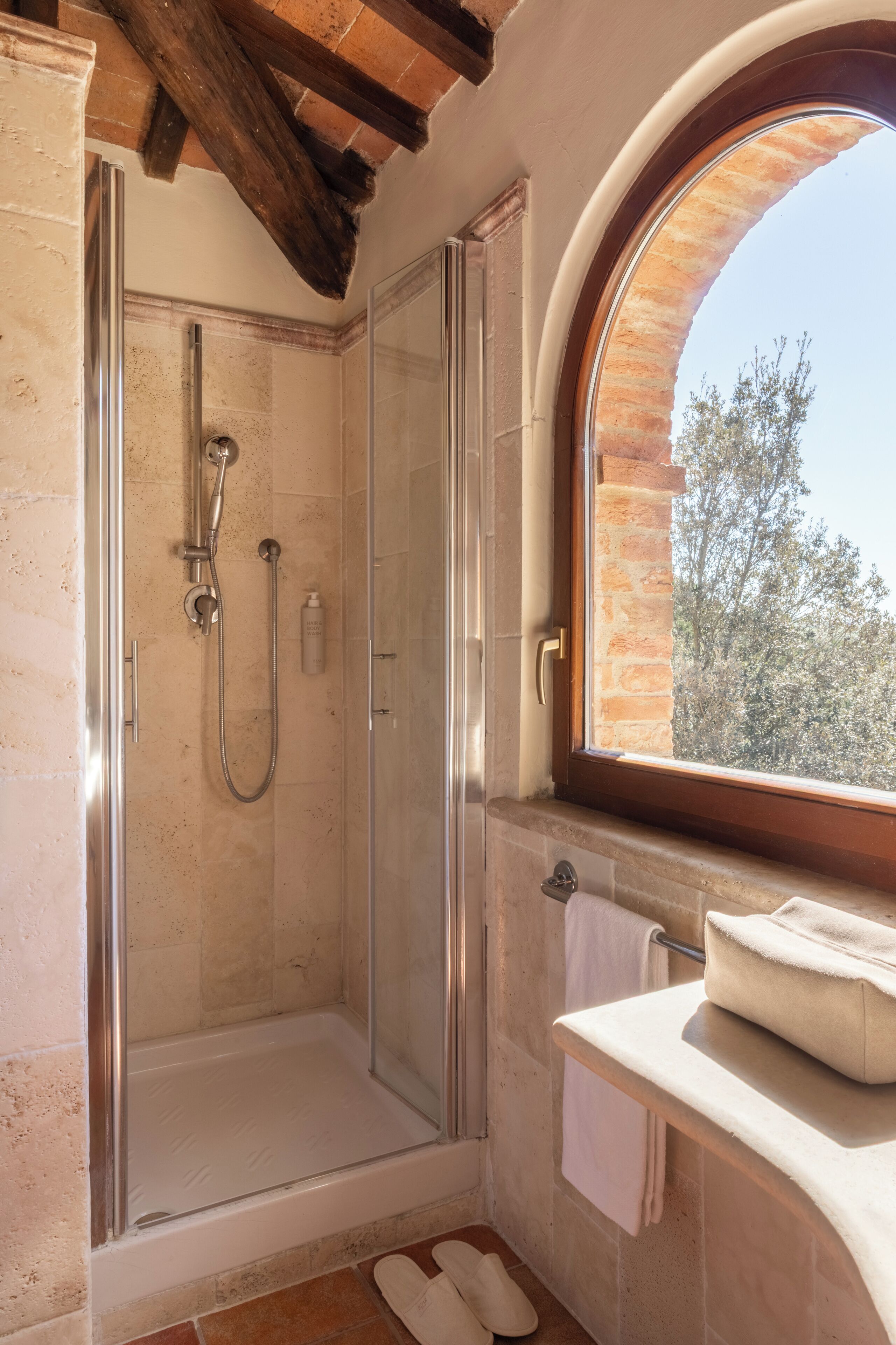 Ducha con puerta de vidrio, toallero y ventana con vistas a árboles.