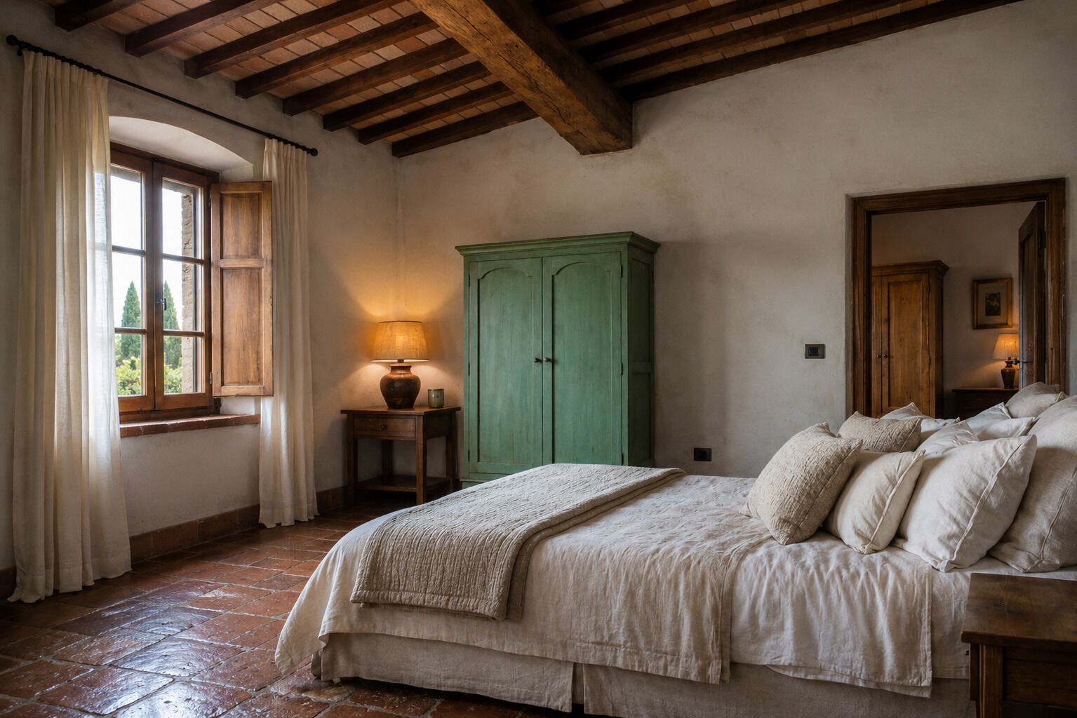 A bedroom with a bed, a green cabinet, a window with curtains, and a lamp on a nightstand.
