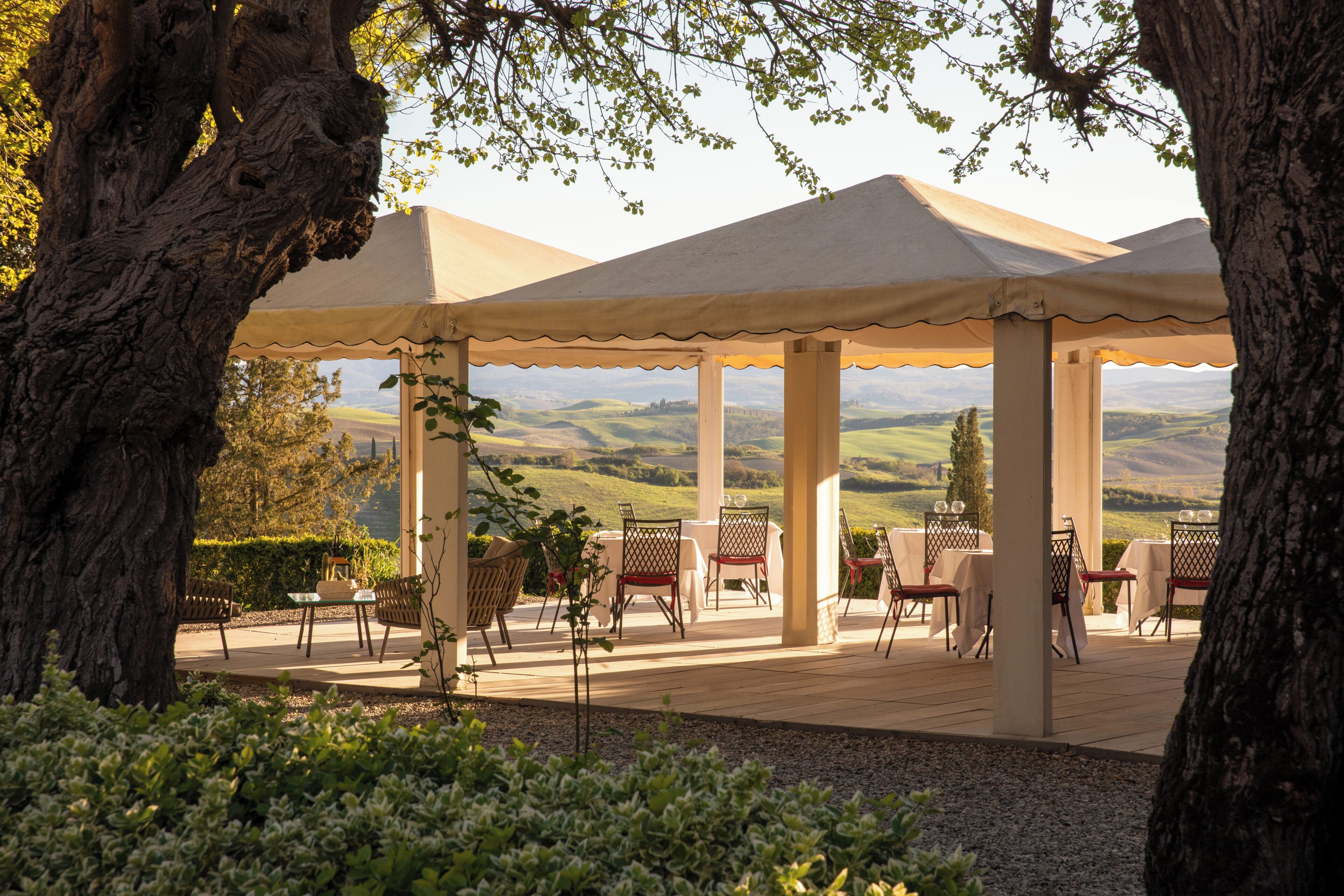 Un espace extérieur aménagé, abrité et doté de tables et de chaises, entouré d’arbres et offrant une vue sur un paysage vallonné.