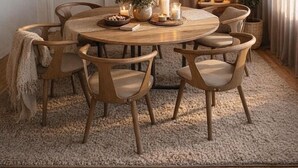 A dining area with a round table, six chairs, candles, and a lamp. - Hotel Maritime (Copenhagen)