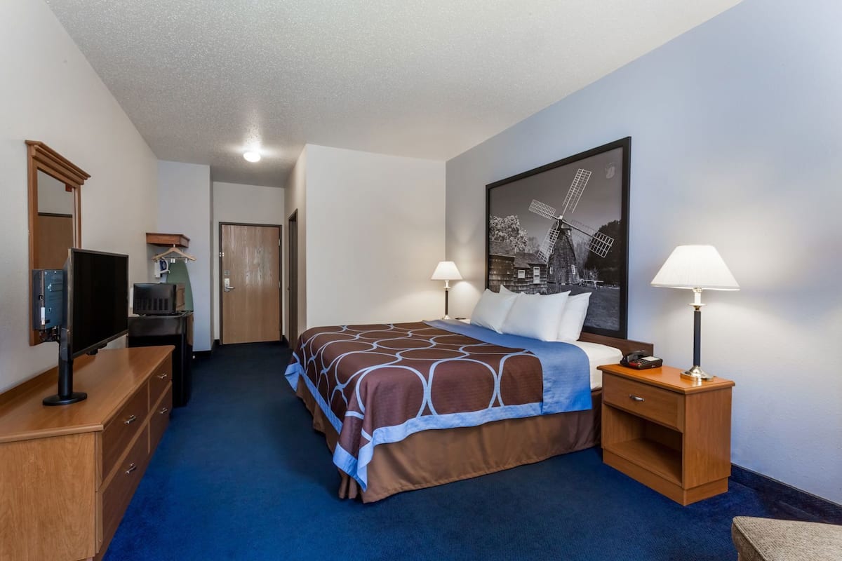 A hotel room with a bed, bedside lamps, a television, a desk, and a framed picture on the wall.