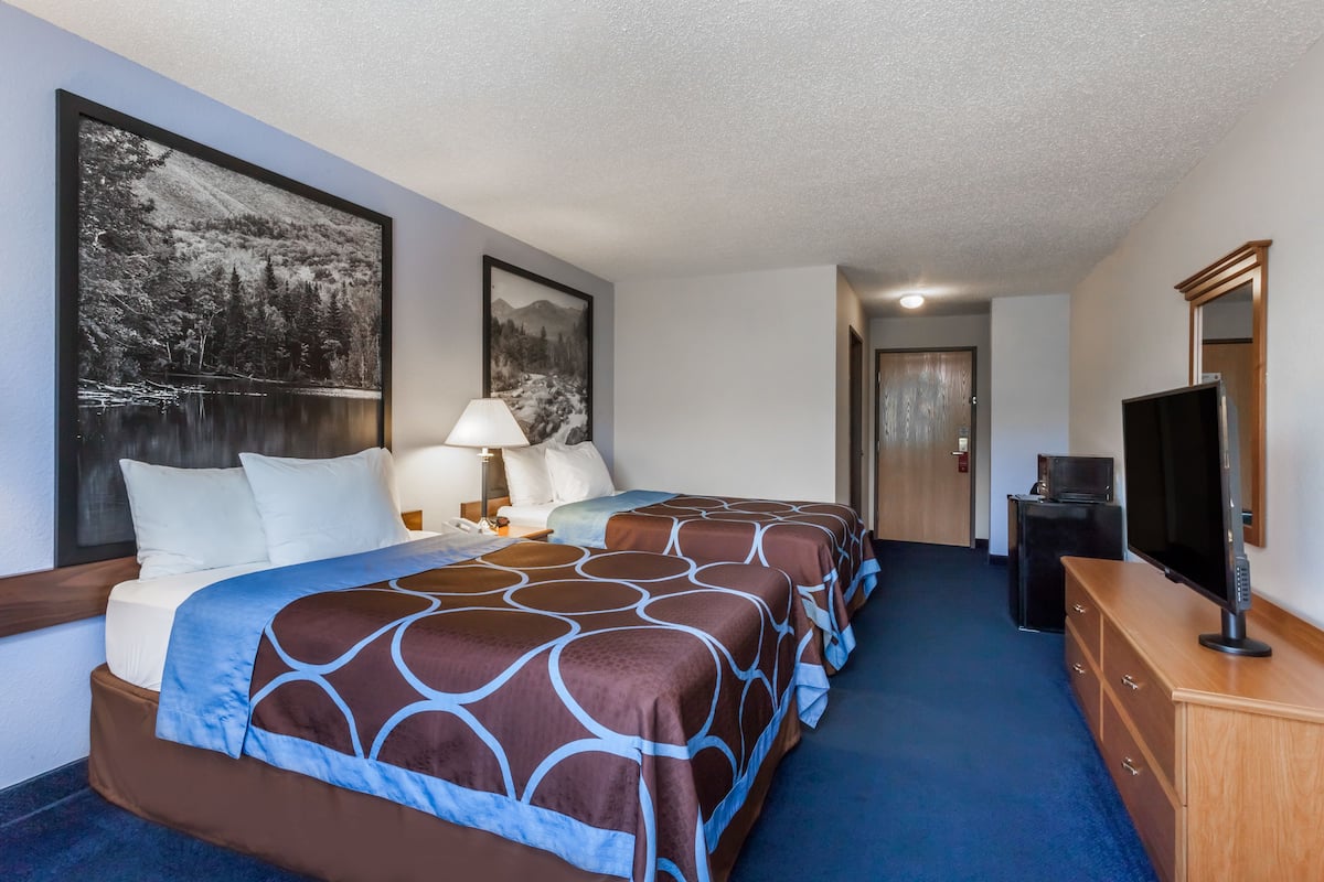 A hotel room with two beds, a TV, a dresser, and a large framed picture on the wall.