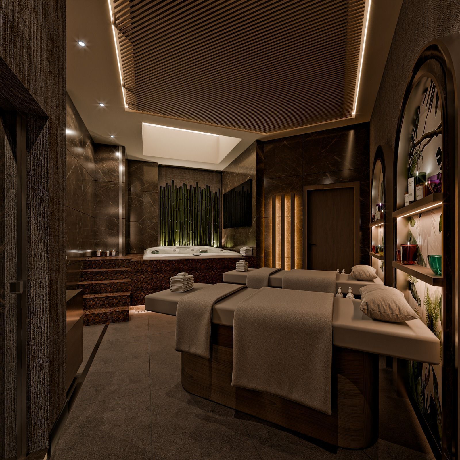 A modern spa with a large hot tub, a massage area, and a staircase leading to a private balcony.
