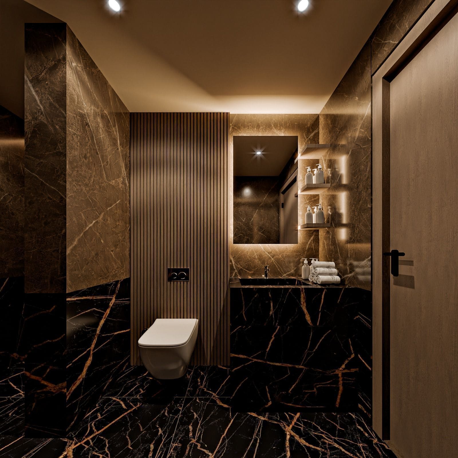 Un baño moderno con suelo de mármol, inodoro, lavamanos con artículos de aseo y espejo.