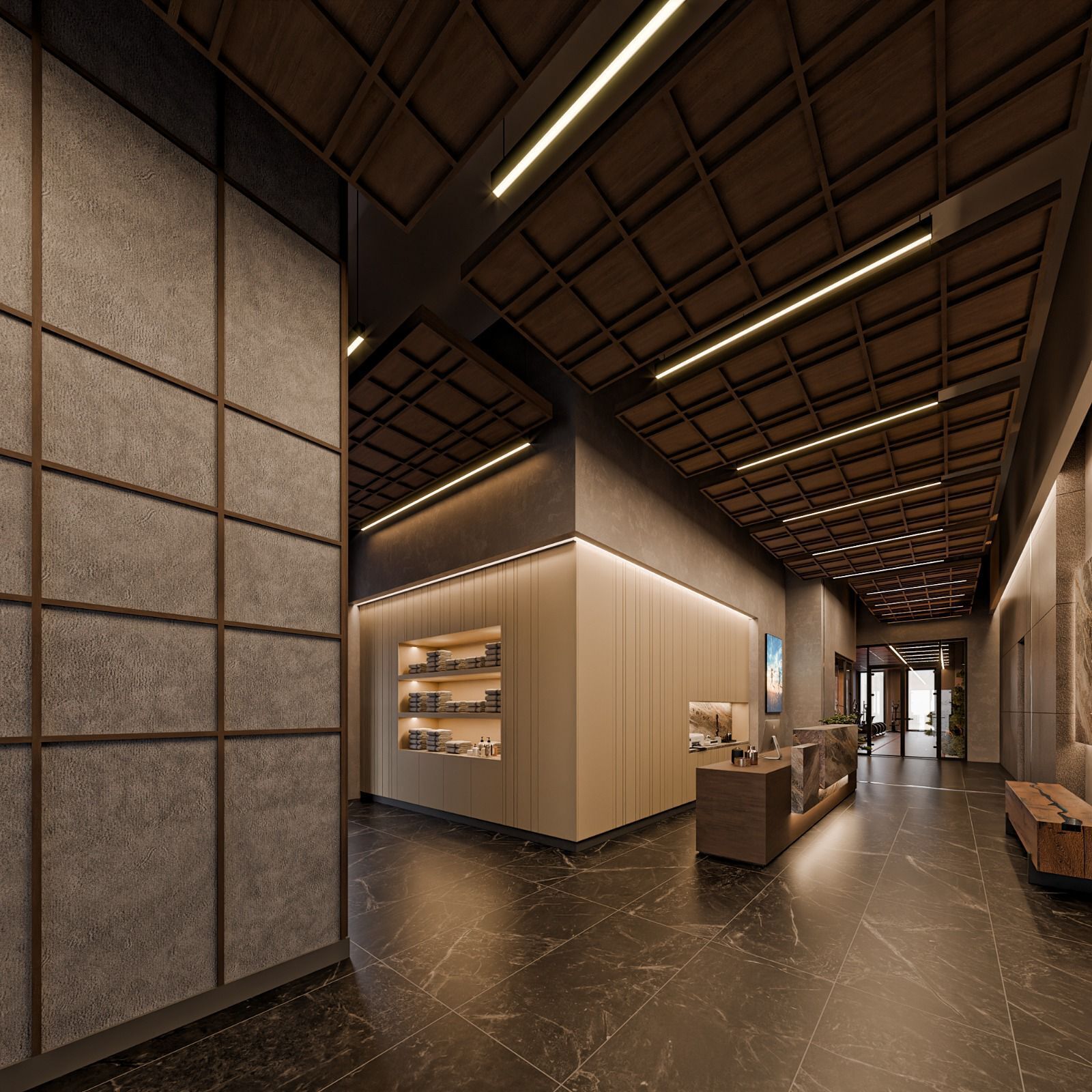 A modern interior with a reception desk, a tiled floor, and a ceiling with linear lighting.