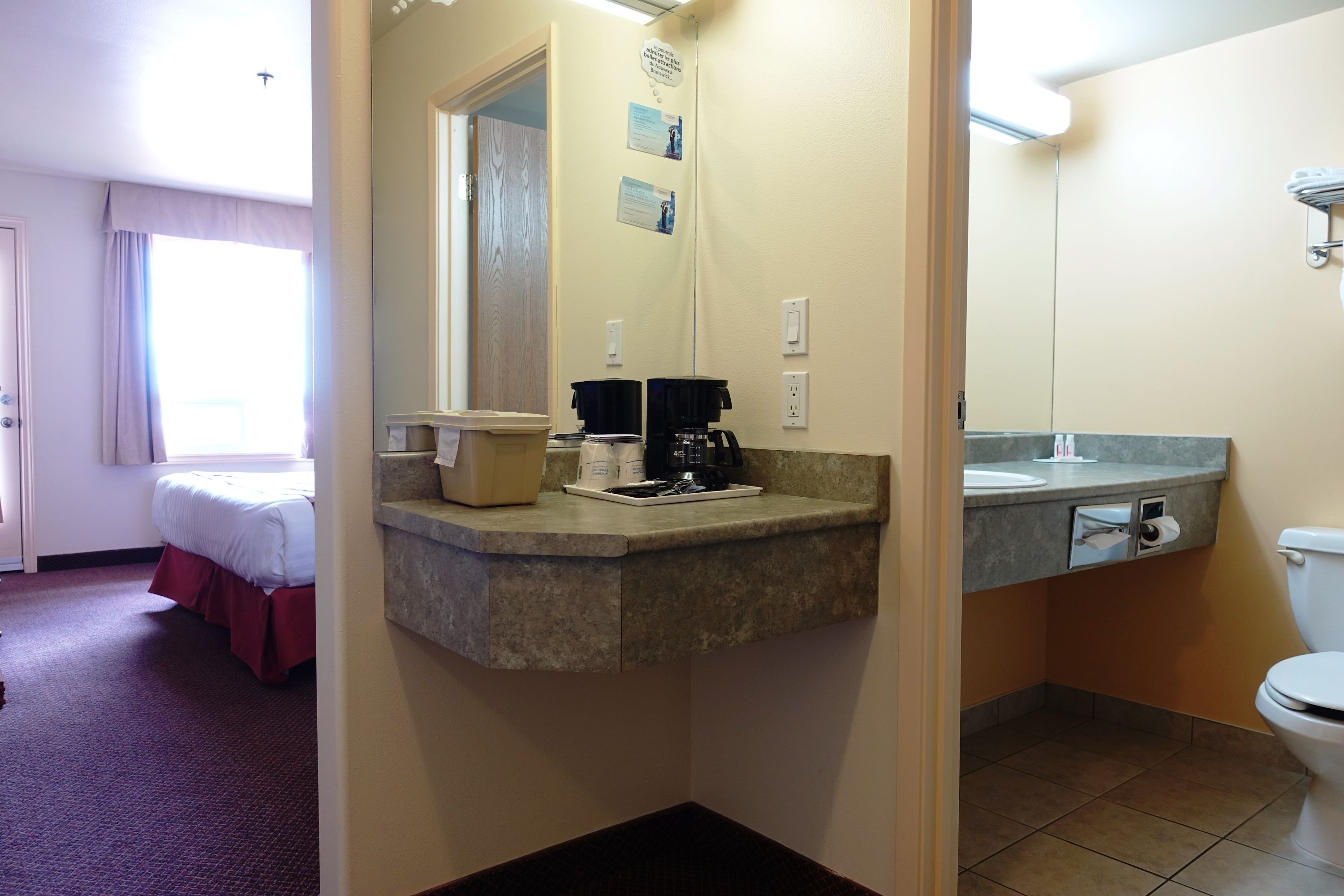 A hotel bathroom with a sink, toilet, and a coffee maker on the countertop.