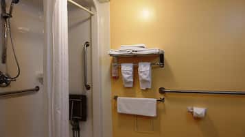 Une salle de bain équipée d’une douche, de barres d’appui, d’un porte-serviettes avec des serviettes pliées, d’un support à papier toilette et d’un autre porte-serviettes fixé au mur.