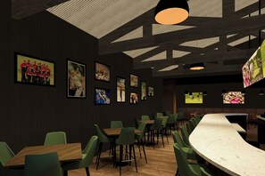 A modern restaurant interior with wooden flooring, green chairs, and a curved bar area. - Ironwood Lodge, Lake Elmo, Series by Marriott (Lake Elmo)