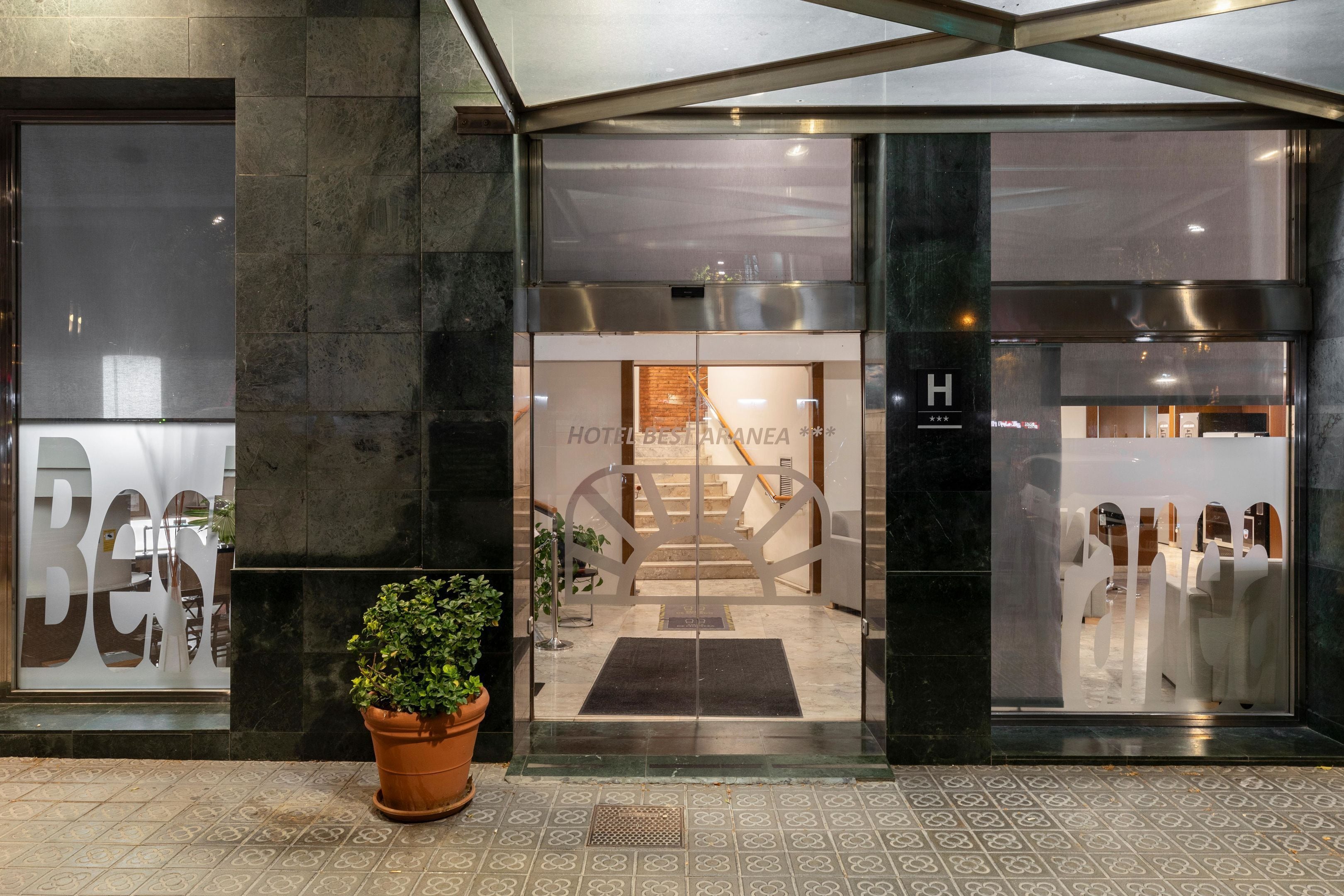 En hotellentrén med modern design, med en glasdörr, en krukväxt och ett väl synligt receptionsområde med en trappa.