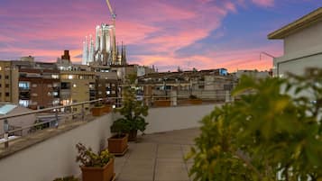 A rooftop terrace with potted plants, a railing, and a view of a cityscape with a distinctive building in the background.