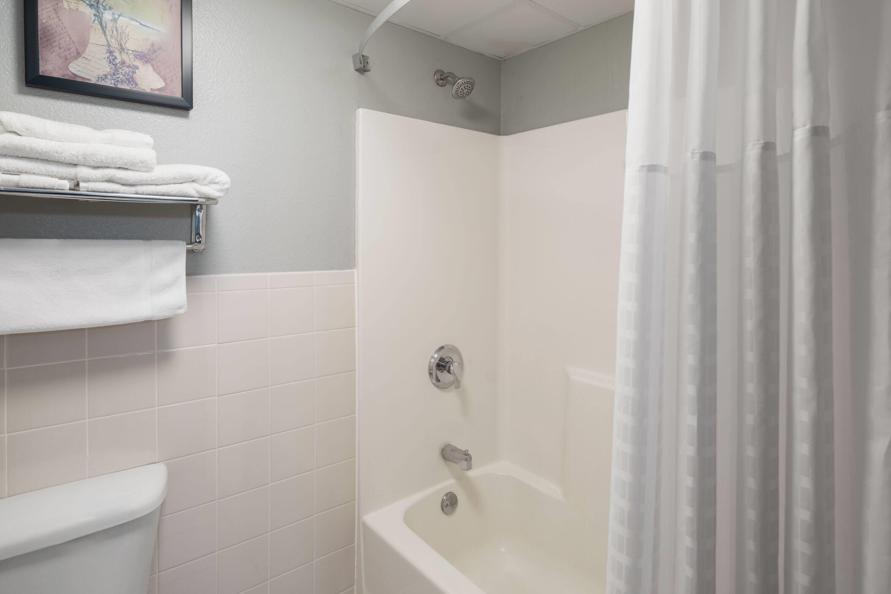 A bathroom with a bathtub, a toilet, and a towel rack.