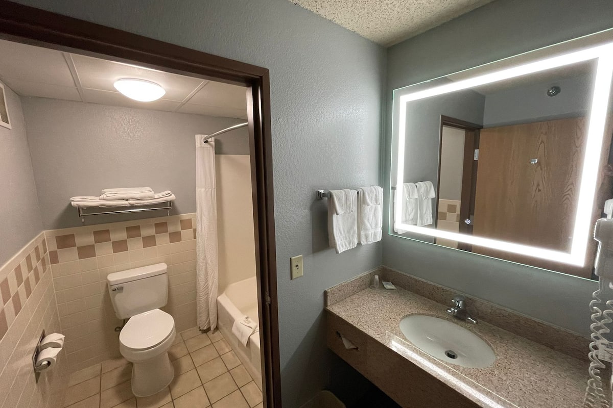 combined shower/bathtub, hair dryer, towels