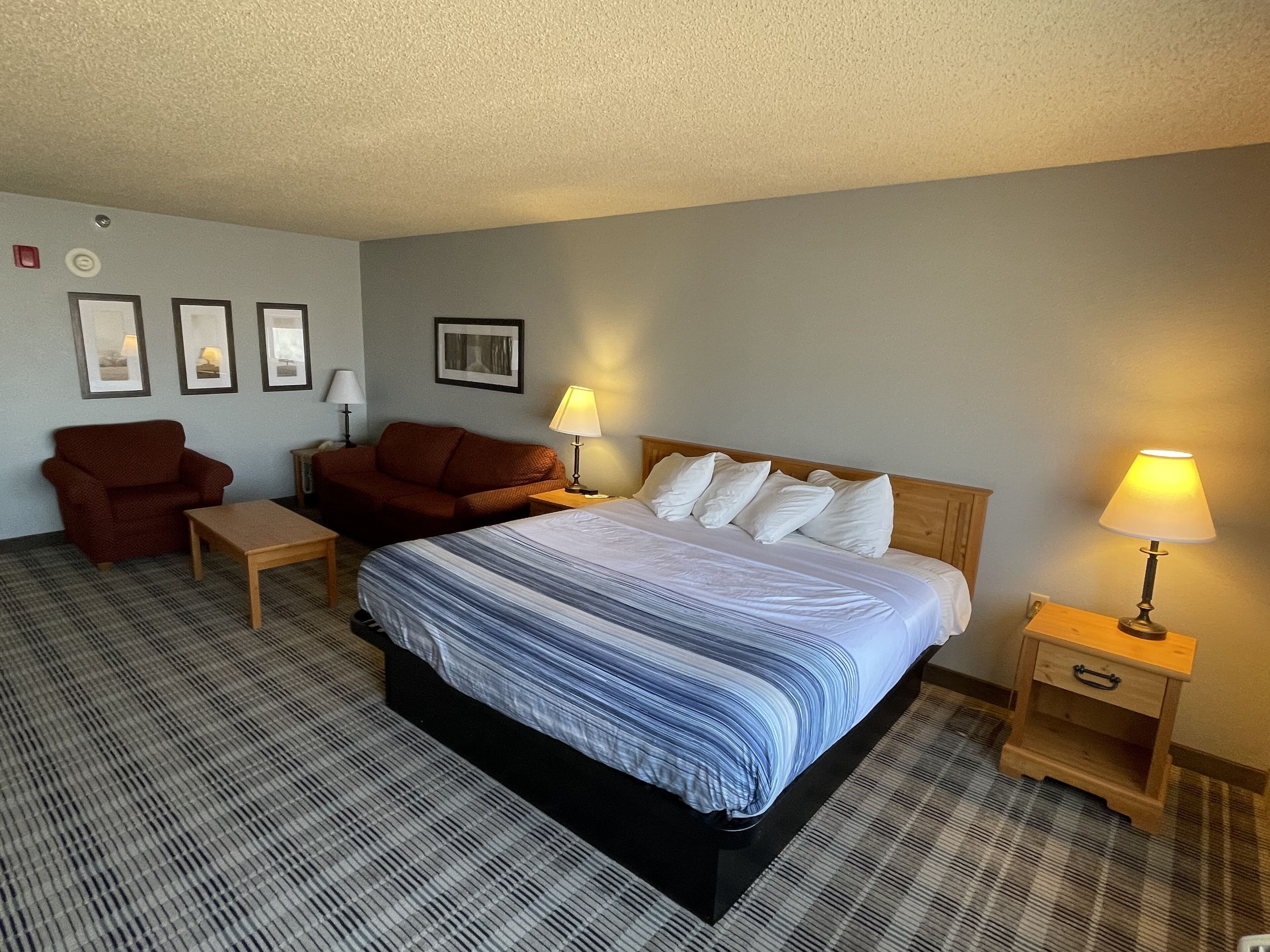 Una habitación de hotel con una cama grande, dos mesitas de noche, un tocador de madera, un sillón rojo, un sofá marrón y un mueble de madera pequeño.