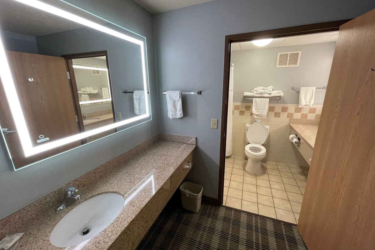 combined shower/bathtub, hair dryer, towels