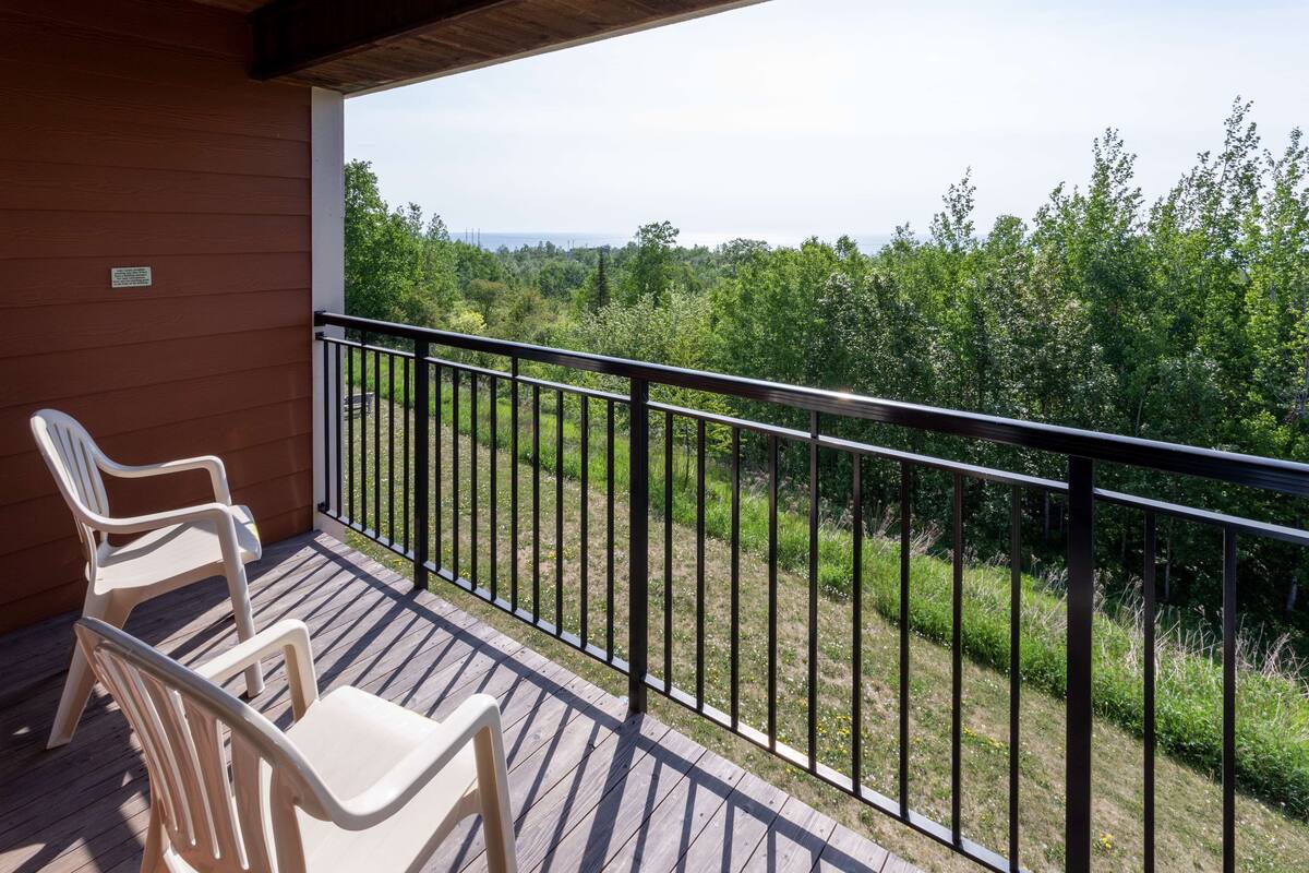 A balcony with a view of a forested area.