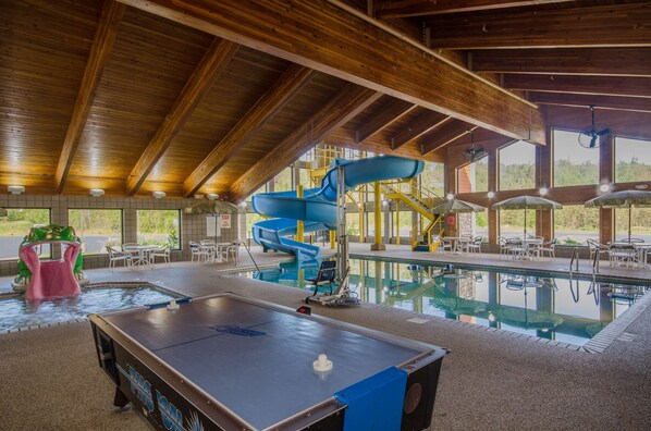 Indoor pool, open 8:00 AM to midnight, pool umbrellas, pool loungers