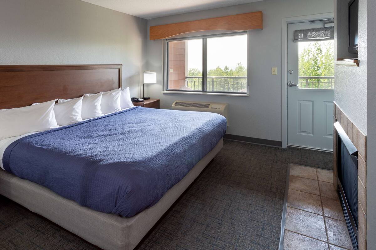 A hotel room with a large bed, a nightstand, a window with a view, a door, and a TV mounted on the wall.