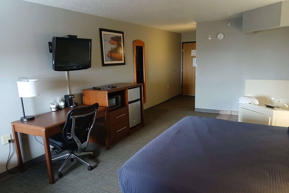 A hotel room with a bed, desk, chair, television, microwave, and a mirror.