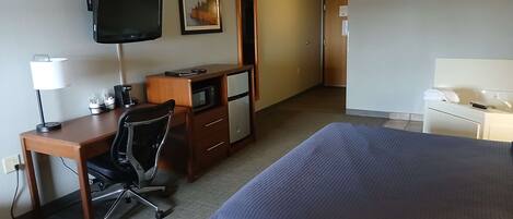 Desk, laptop workspace, blackout drapes, soundproofing