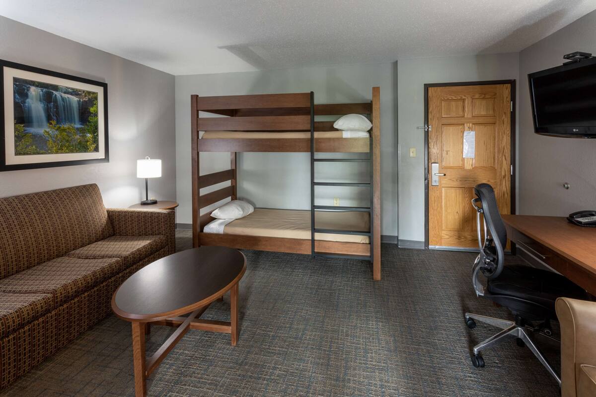 A room with a bunk bed, a sofa, a desk with a chair, a TV, and a framed picture on the wall.