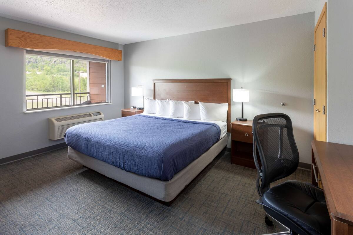 A hotel room with a large bed, a desk, a chair, a window with a view, and a door.