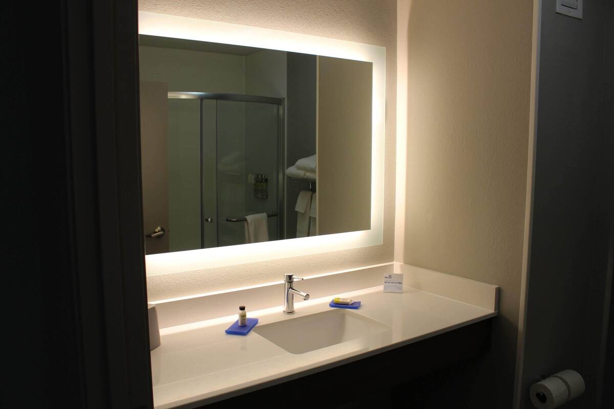 hair dryer, towels, soap, shampoo