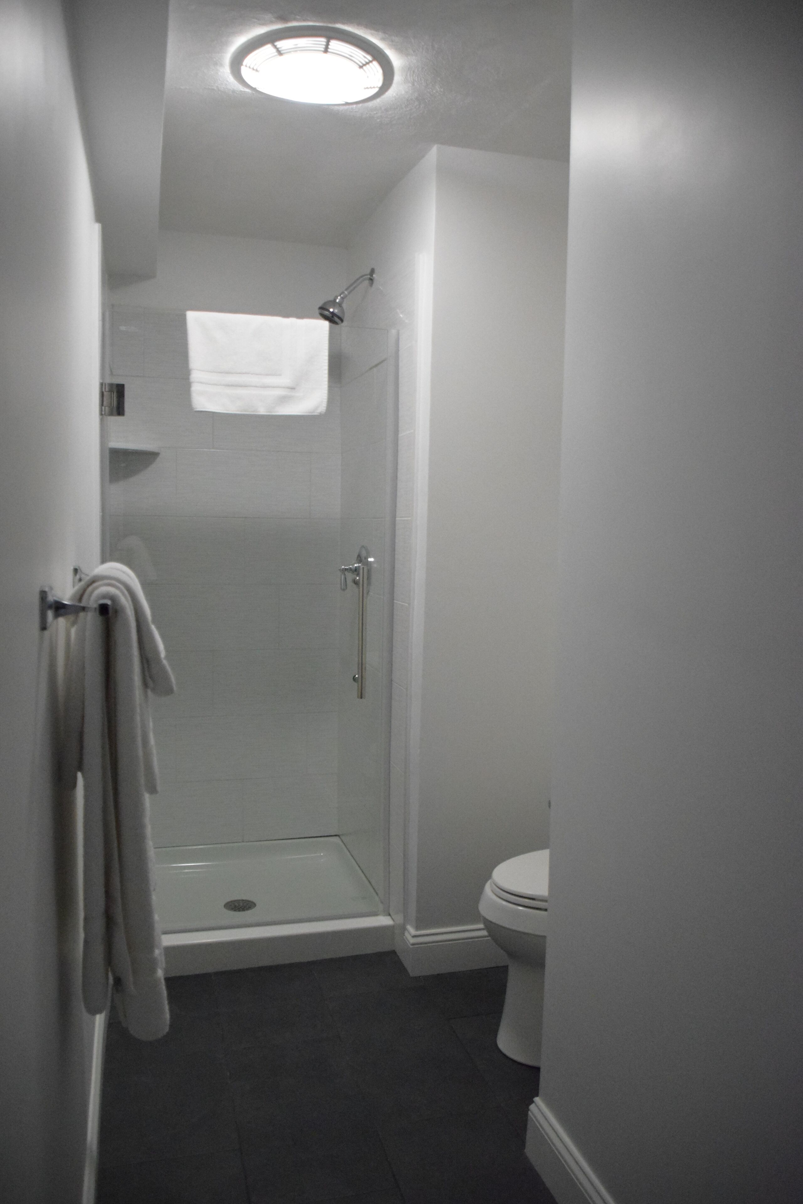 A bathroom with a shower, toilet, and a towel rack.