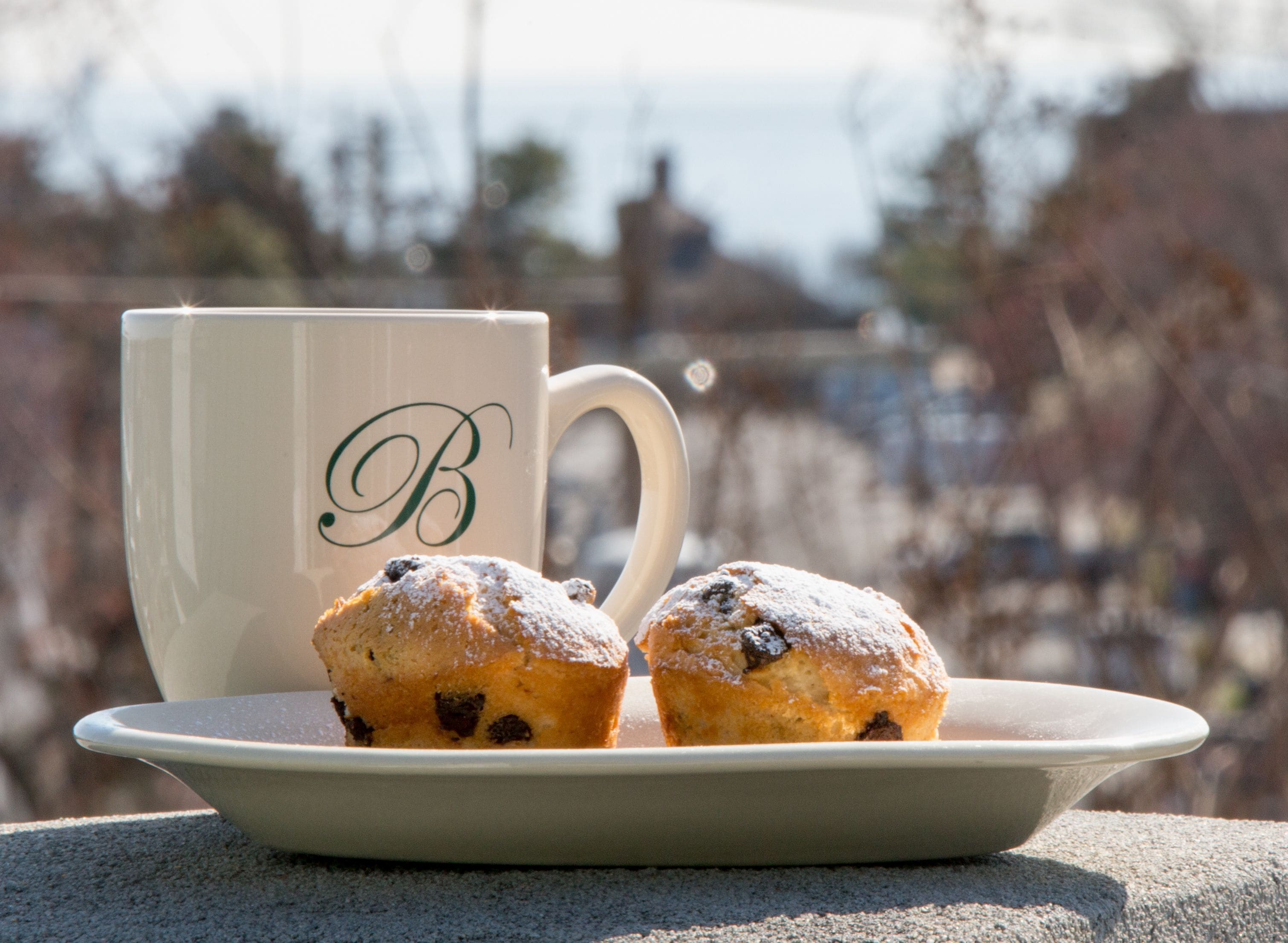 A plate with two muffins and a mug with a monogram on a table outdoors.