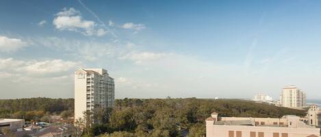 A resort with a swimming pool, a parking area, and a view of the surrounding forest and distant buildings.