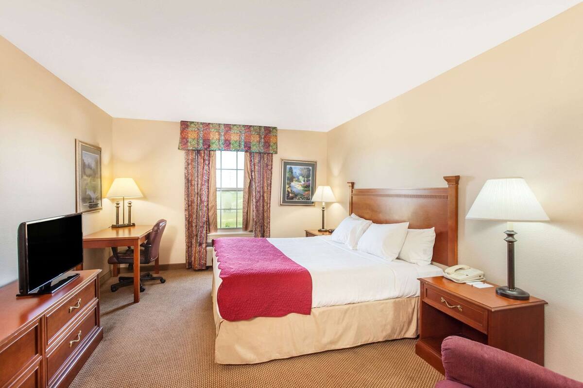 A hotel room with a bed, desk, chair, television, lamps, and a telephone.