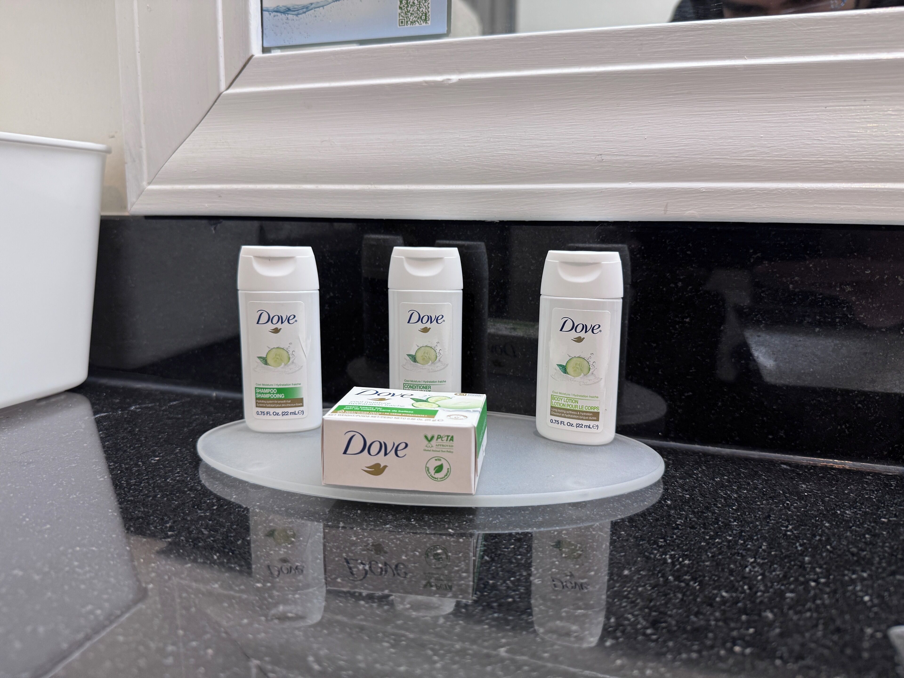 Dove personal care products on a countertop.