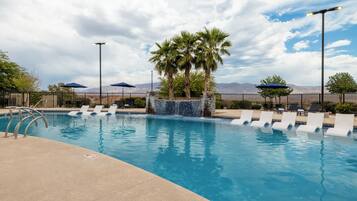 Outdoor pool, open 9:00 AM to 10:00 PM, pool umbrellas, sun loungers